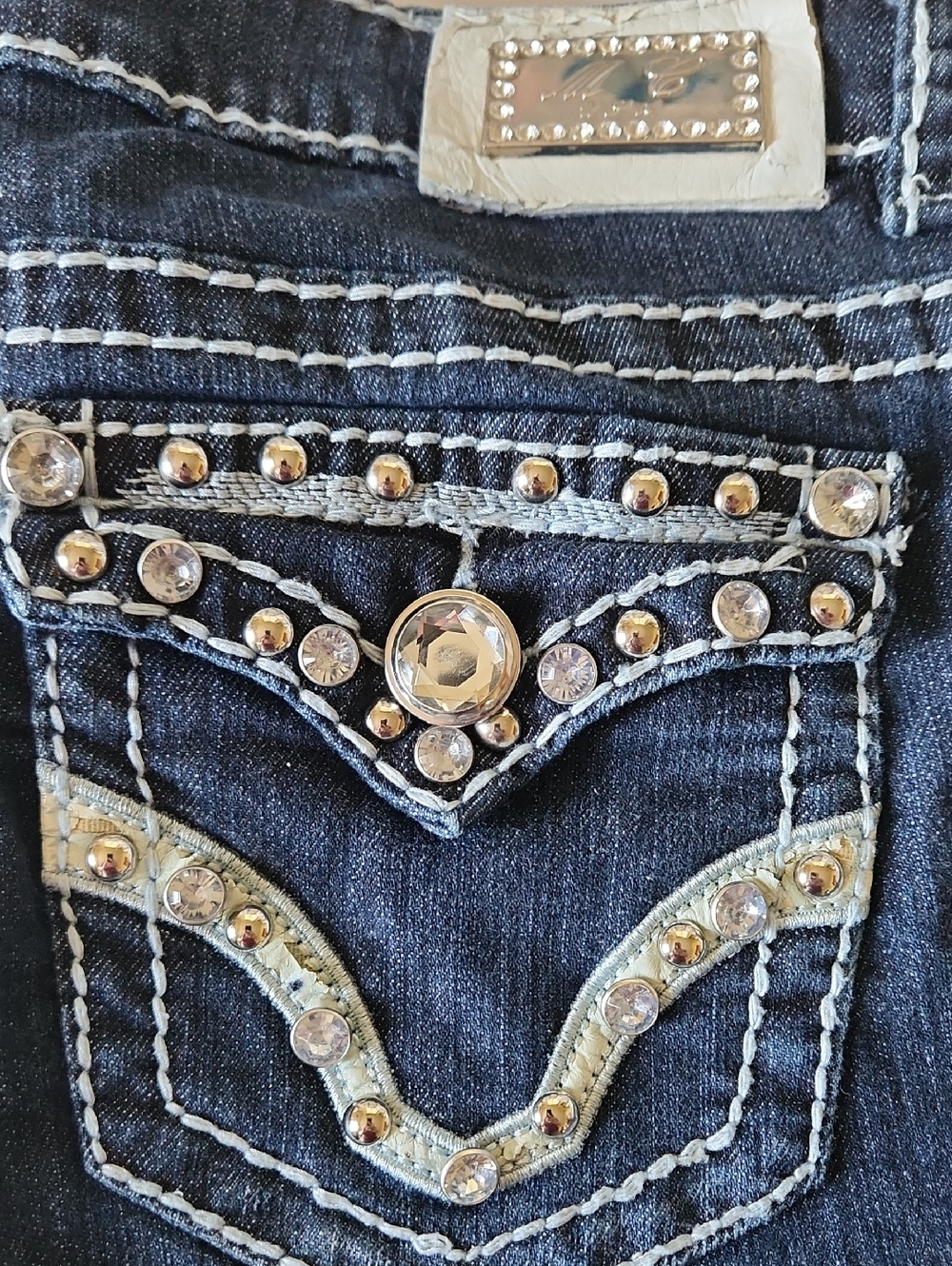 Miss Chic Jeans Dark Blue Bootcut Jeans with Rhinestone & Gold Stud Detail